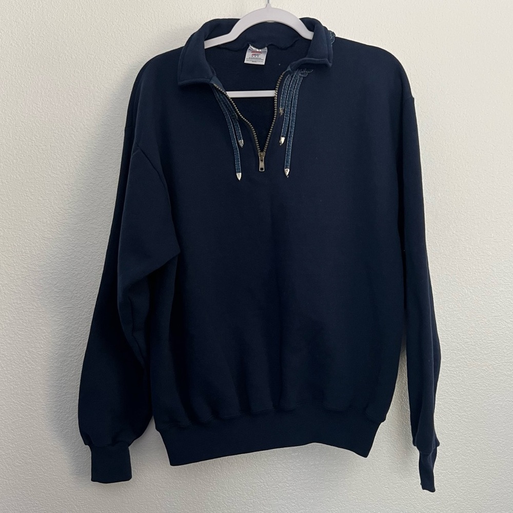Vintage Jerzees Quarter Zip Sweatshirt in Blue Medium